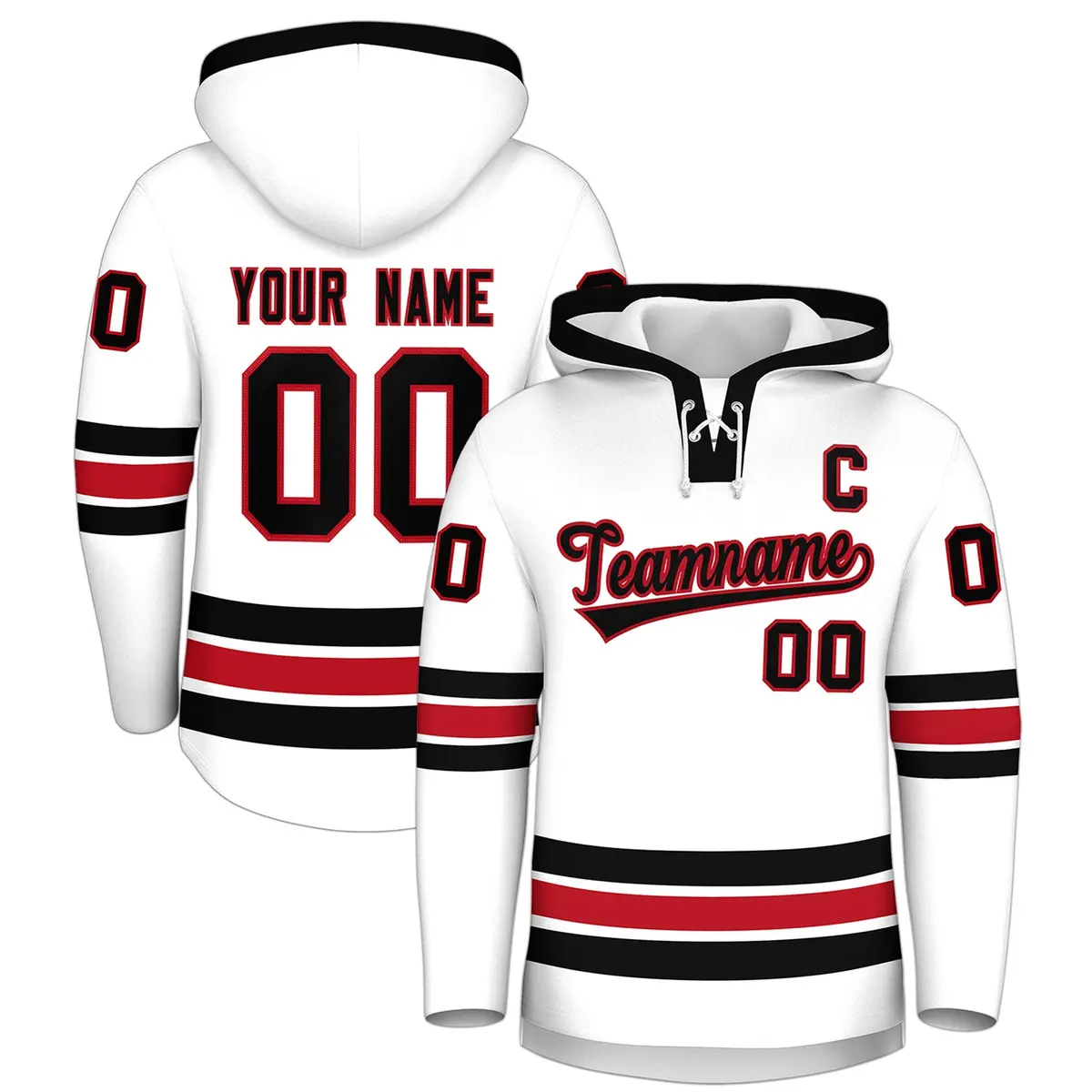 White Black Lace-Up Neck Hockey Hoodie Classic Style