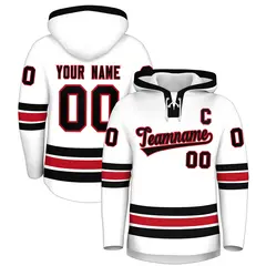 White Black Lace-Up Neck Hockey Hoodie Classic Style