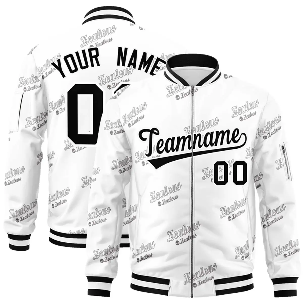 White Black Letter Varsity Full-Zip Bomber Jacket