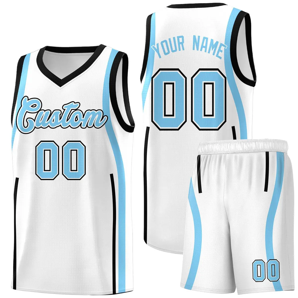 White Black-Light Blue Ribbon Pattern Basketball Kits