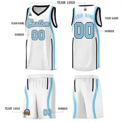 White Black-Light Blue Ribbon Pattern Basketball Kits 5