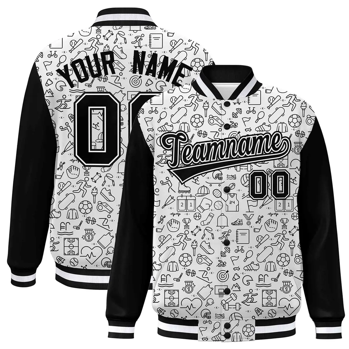 White Black Line Graffiti Raglan Varsity Letterman Jacket
