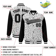 White Black Line Graffiti Raglan Varsity Letterman Jacket 2
