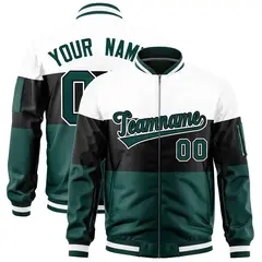 White Black-Midnight Green Color Block Full-Zip Varsity Letterman Bomber Jacket 1