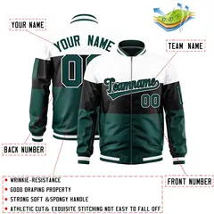 White Black-Midnight Green Color Block Full-Zip Varsity Letterman Bomber Jacket 2