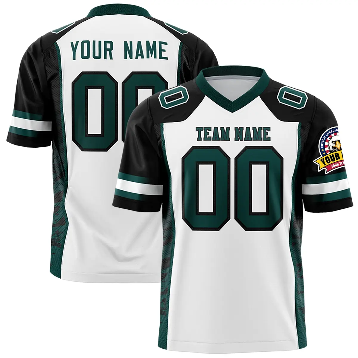 White Black-Midnight Green Raglan Side Pattern Football Jersey