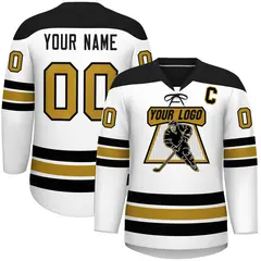 White Black Old Gold Classic Lace-Up Neck Hockey Jersey 1
