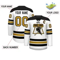 White Black Old Gold Classic Lace-Up Neck Hockey Jersey 2
