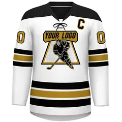 White Black Old Gold Classic Lace-Up Neck Hockey Jersey 3