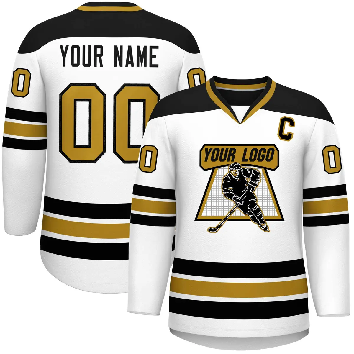 White Black-Old Gold Classic V-Neck Hockey Jersey