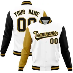 White Black-Old Gold Raglan Full-Snap Varsity Letterman Jacket