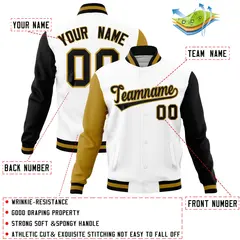 White Black-Old Gold Raglan Full-Snap Varsity Letterman Jacket 4