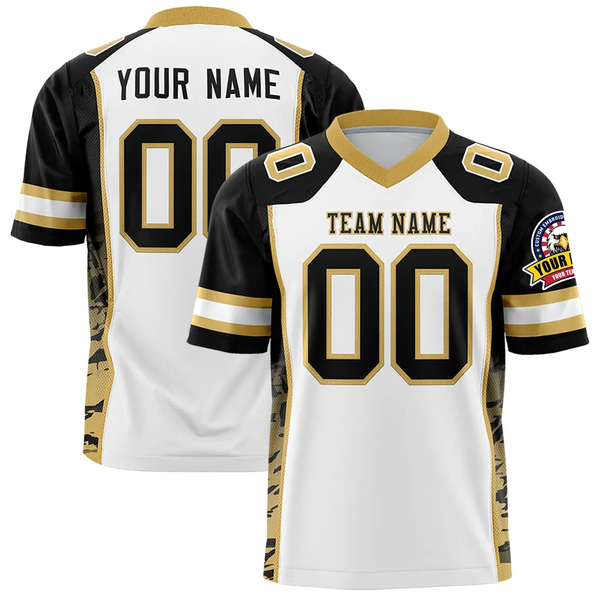 White Black-Old Gold Raglan Sleeves Side Pattern Football Jersey