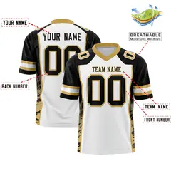 White Black-Old Gold Raglan Sleeves Side Pattern Football Jersey 2