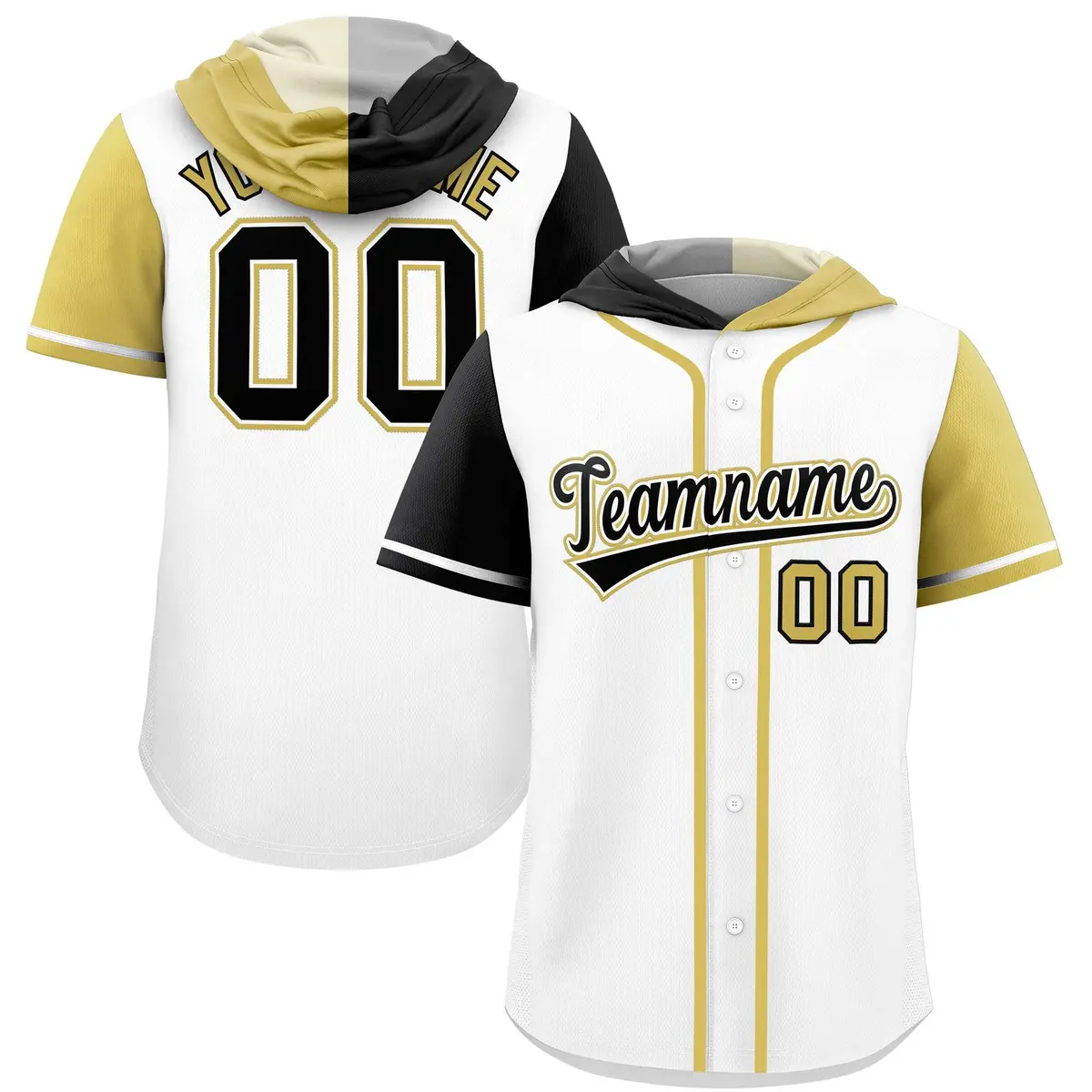 White Black Old Gold Split Raglan Baseball Hoodie Jersey