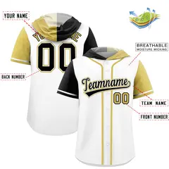 White Black Old Gold Split Raglan Baseball Hoodie Jersey 2