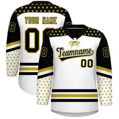White Black Old Gold Star Series Lace-Up Neck Hockey Jersey