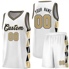 White Black-Old Gold Triangle Splicing Basketball Jersey