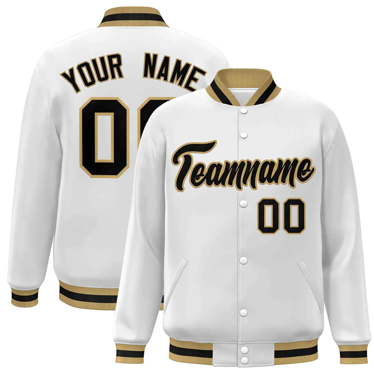 White Black-Old Gold Varsity Full-Snap Letterman Jacket
