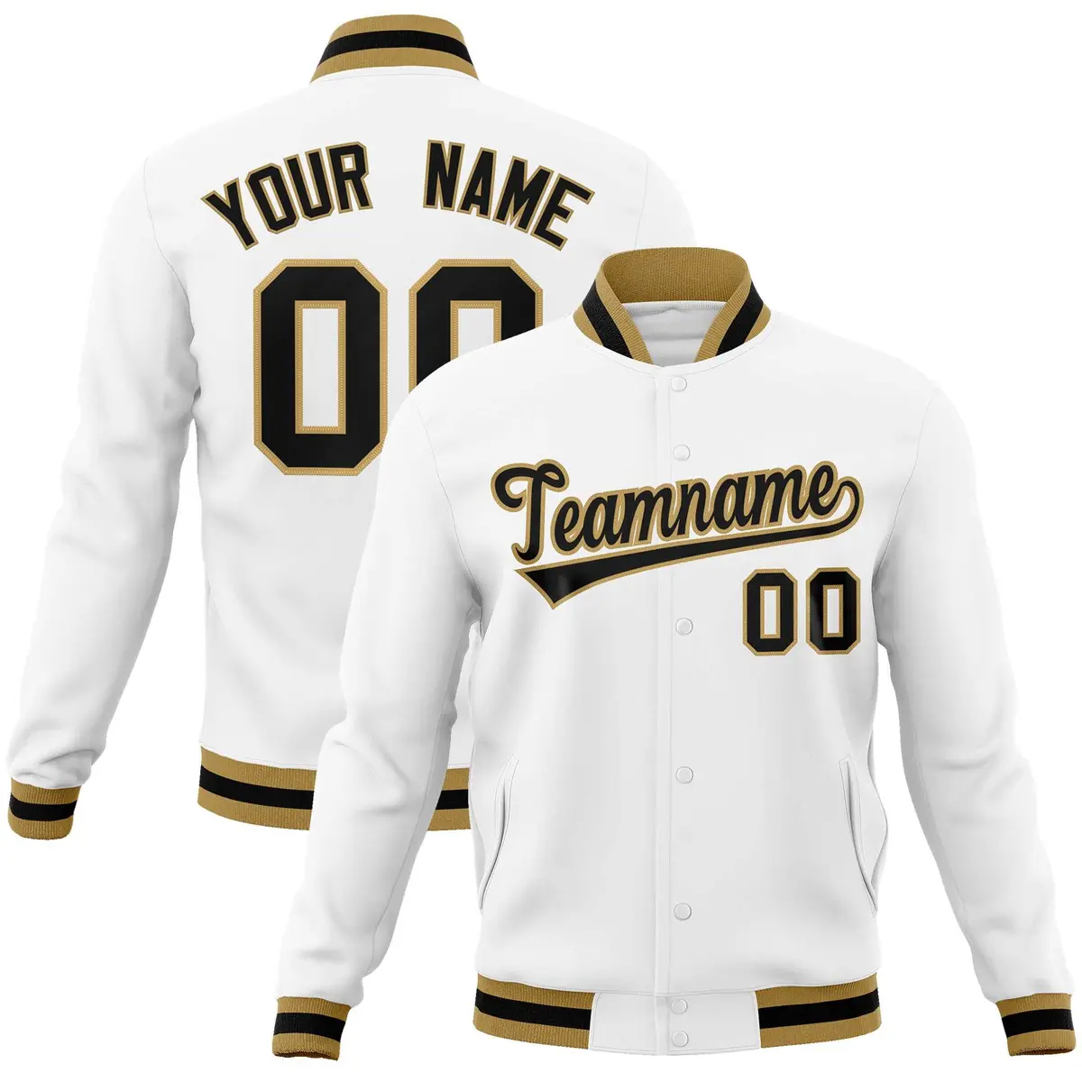 White Black-Old Gold Varsity Full-Snap Letterman Jacket