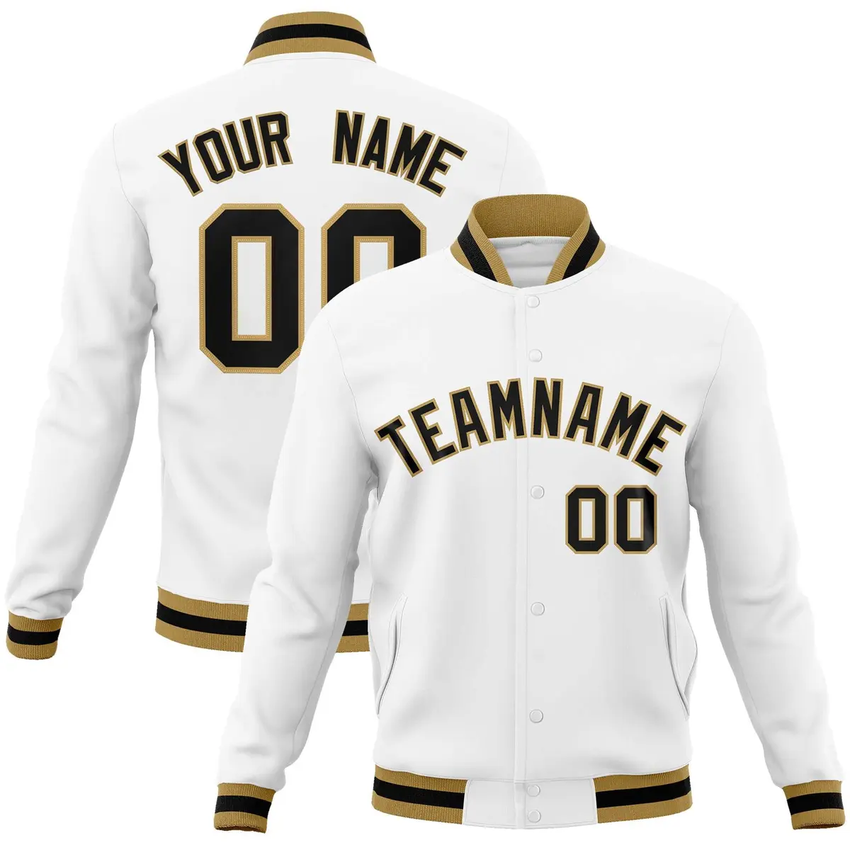 White Black-Old Gold Varsity Full-Snap Letterman Jacket