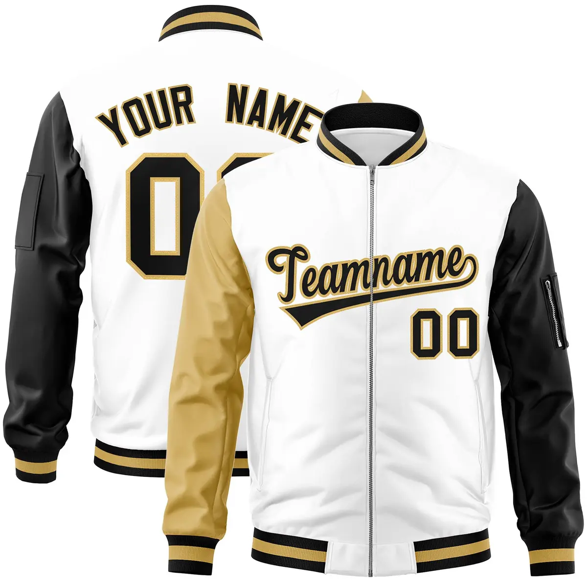 White Black-Old Gold Varsity Full-Zip Raglan Letterman Bomber Jacket