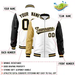 White Black-Old Gold Varsity Full-Zip Raglan Letterman Bomber Jacket 2