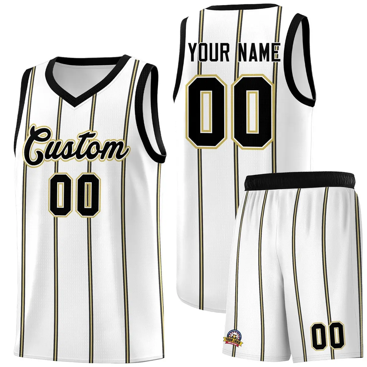 White Black Old Gold Vertical Stripes Basketball Jersey Set