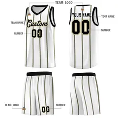 White Black Old Gold Vertical Stripes Basketball Jersey Set 5
