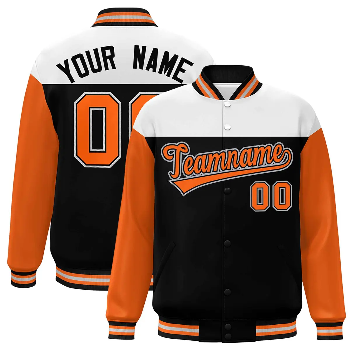 White Black-Orange Color Block Varsity Full-Snap Letterman Baseball Jacket