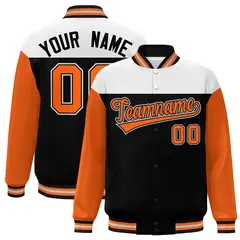 White Black-Orange Color Block Varsity Full-Snap Letterman Baseball Jacket