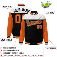 White Black-Orange Color Block Varsity Full-Snap Letterman Baseball Jacket 2