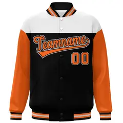 White Black-Orange Color Block Varsity Full-Snap Letterman Baseball Jacket 3