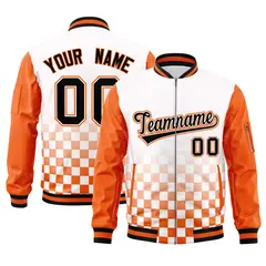 White Black Orange Grid Color Block Full-Zip Letterman Raglan Jacket