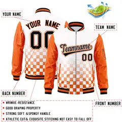 White Black Orange Grid Color Block Full-Zip Letterman Raglan Jacket 2
