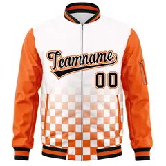 White Black Orange Grid Color Block Full-Zip Letterman Raglan Jacket 3