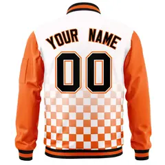 White Black Orange Grid Color Block Full-Zip Letterman Raglan Jacket 4