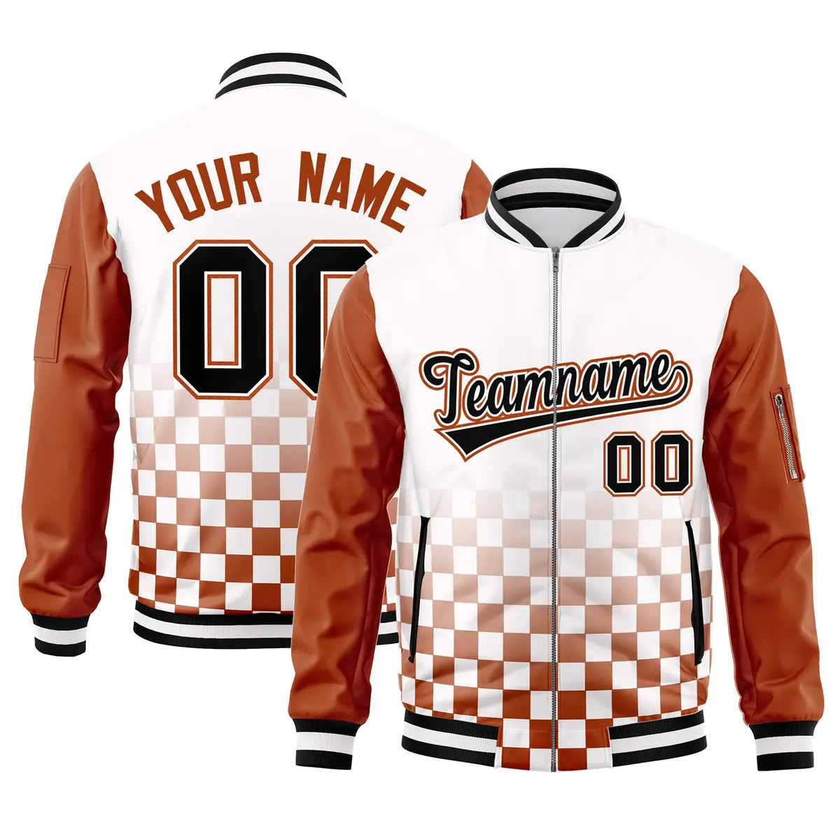 White Black Orange Grid Color Block Full-Zip Letterman Raglan Jacket