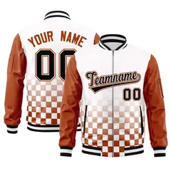 White Black Orange Grid Color Block Full-Zip Letterman Raglan Jacket