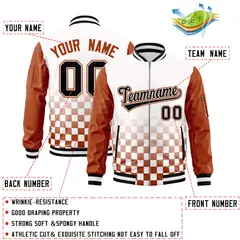 White Black Orange Grid Color Block Full-Zip Letterman Raglan Jacket 2