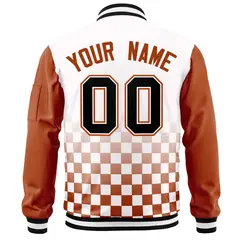 White Black Orange Grid Color Block Full-Zip Letterman Raglan Jacket 4