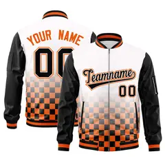 White Black Orange Grid Color Block Full-Zip Letterman Raglan Jacket 1