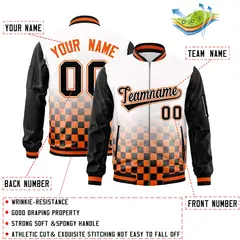 White Black Orange Grid Color Block Full-Zip Letterman Raglan Jacket 2