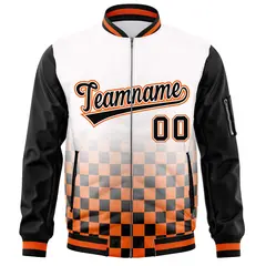 White Black Orange Grid Color Block Full-Zip Letterman Raglan Jacket 3