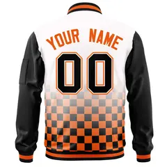White Black Orange Grid Color Block Full-Zip Letterman Raglan Jacket 4
