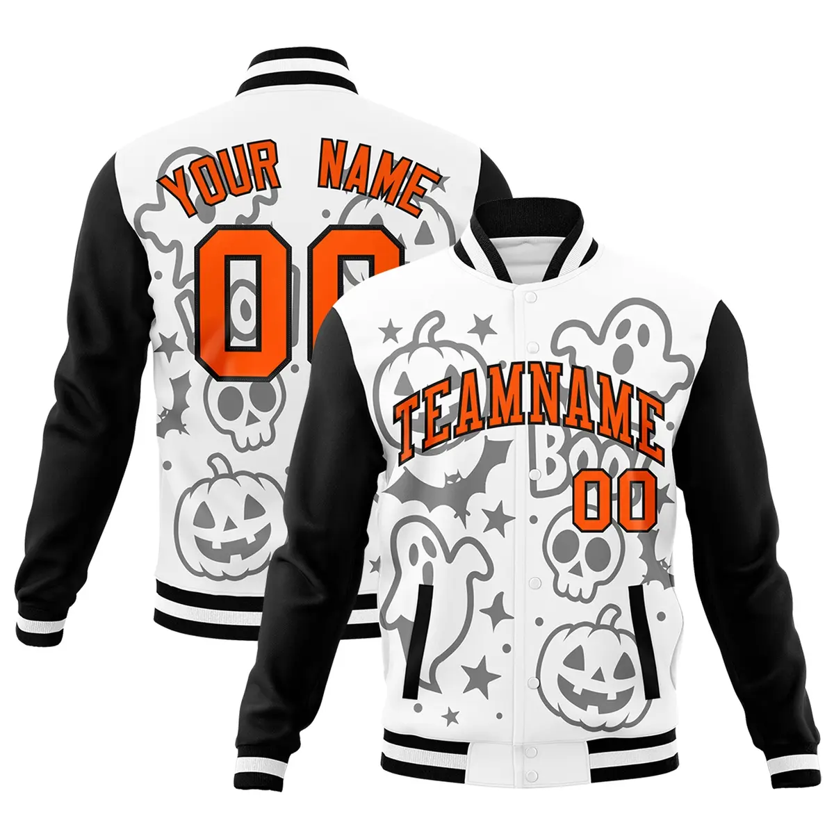 White Black Orange Halloween Bats Pumpkins Ghost Letterman Jacket