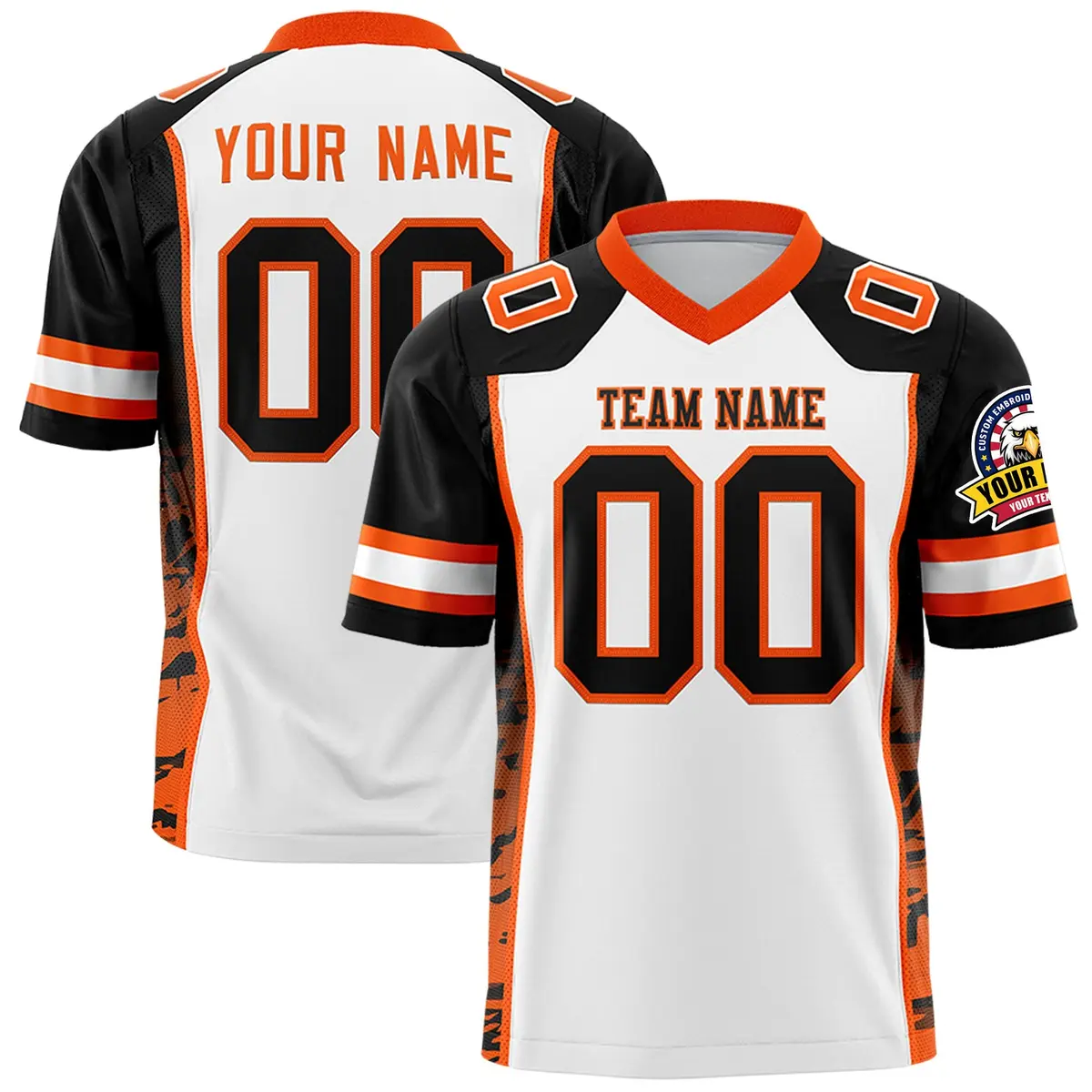 White Black-Orange Raglan Sleeves Side Pattern Football Jersey
