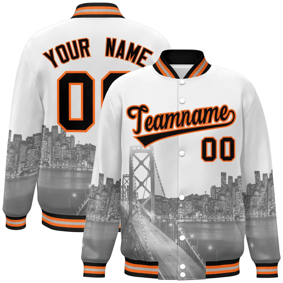 White Black Orange San Francisco Skyline Varsity Full-Snap Jacket