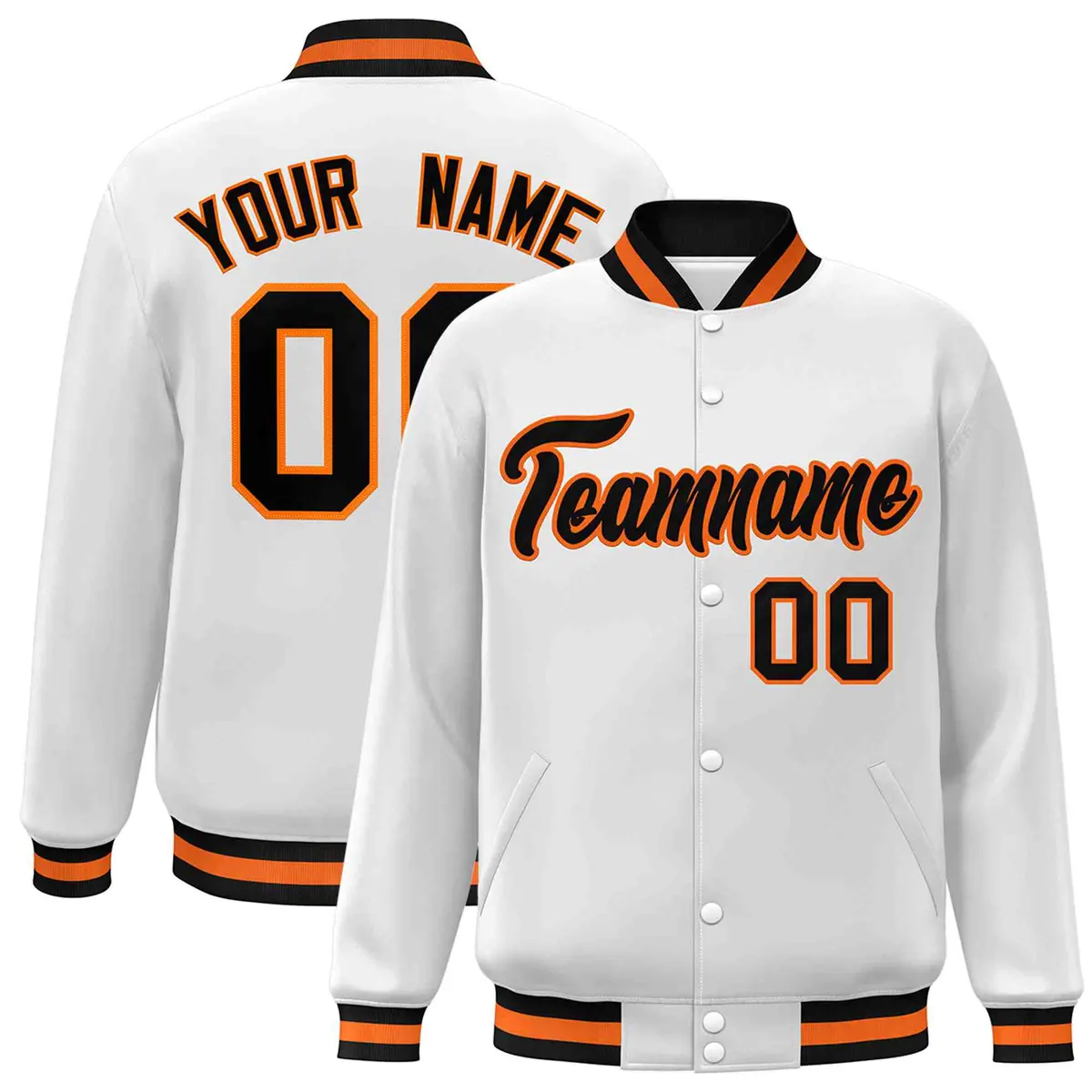 White Black-Orange Varsity Full-Snap Letterman Jacket