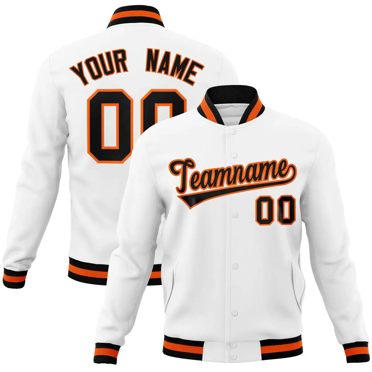 White Black-Orange Varsity Full-Snap Letterman Jacket